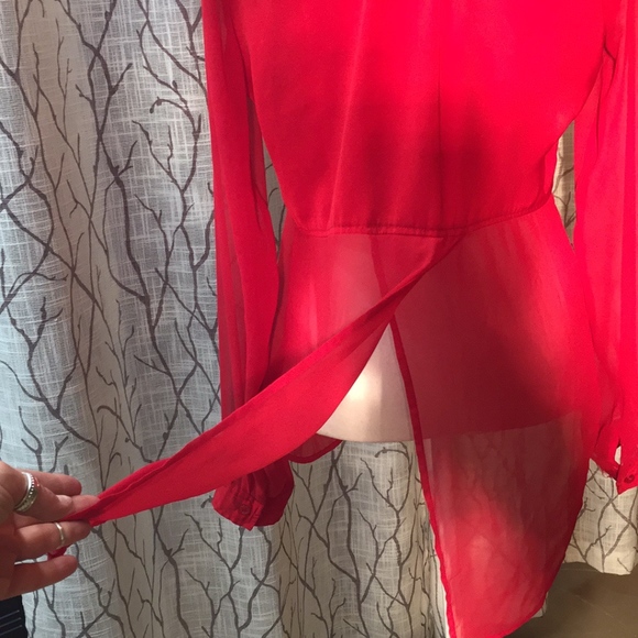 Free People flowing sheer red button down - Picture 6 of 8